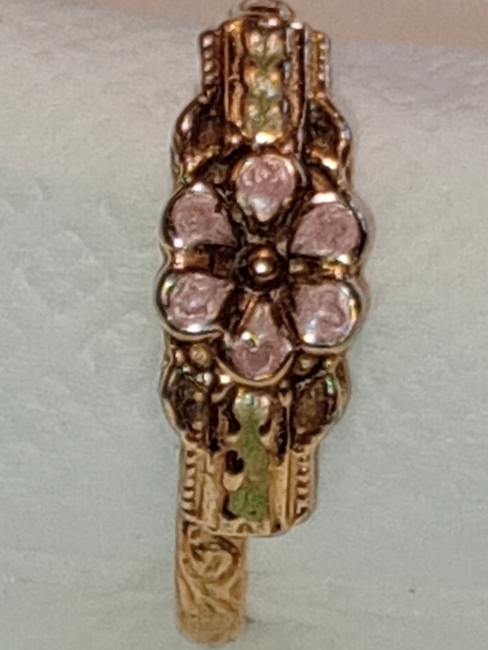 Ring Gold Floral Enamel Cluster Ring Victorian Style with Pink Petal Accents - Picture 9 of 13